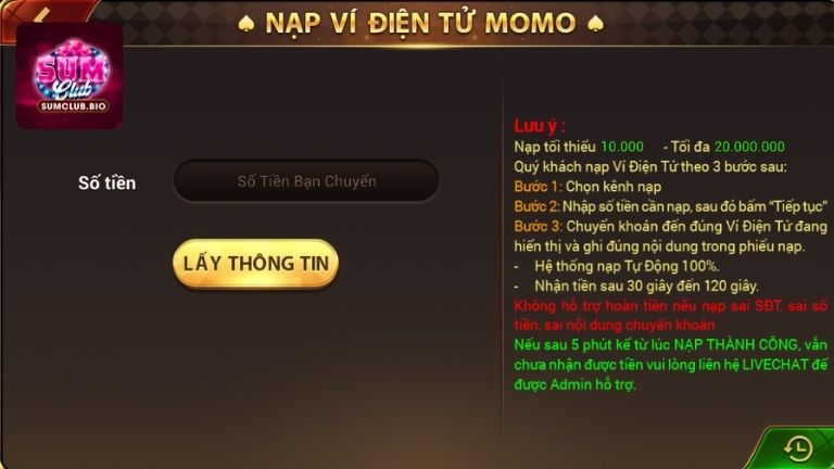 Hướng dẫn nạp tiền SumClub qua ví điện tử