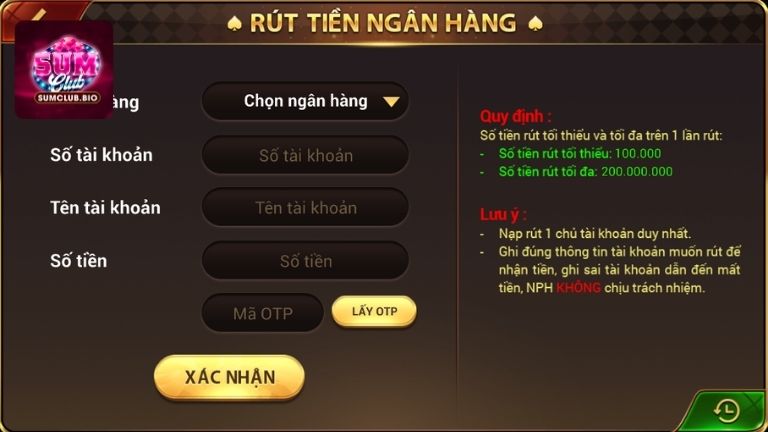 Hướng dẫn rút tiền SumClub qua ngân hàng